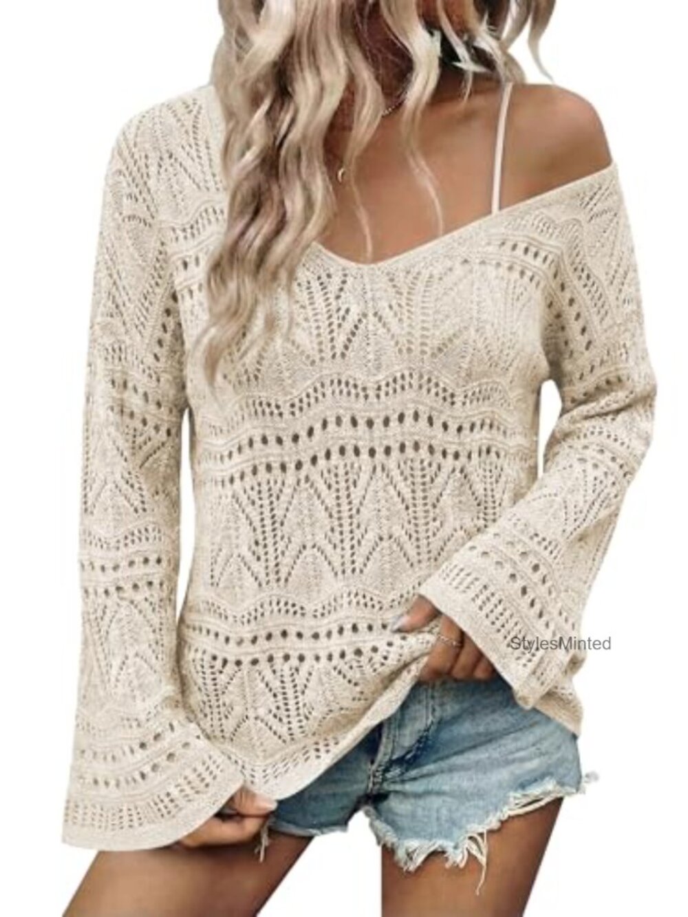 Boho Off Shoulder Crochet Sweater Long Bell Sleeve Pullover